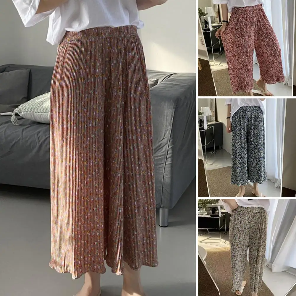 Elastic Waist Pants Floral Printed Wide Leg Trousers for Women Elastic High Waist Lounge Pants with Draped Pleats Commuting