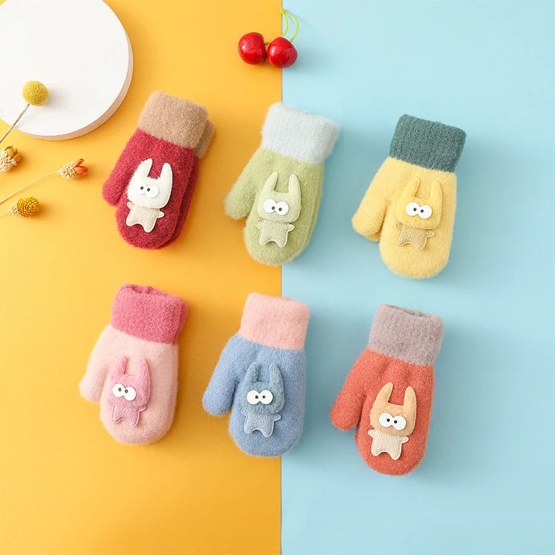 Cute Cartoon Kids Plush Gloves 1-3Year Baby Hanging Neck Mittens Anti-Cold Warm Hand Covers Lamb Fleece Winter Children Glove