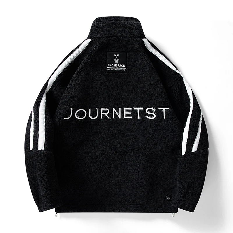 Women's Stand Collar Polar Fleece Jacket Letter Embroidery Long Sleeve Fall&Winter Artificial Fur Coats with Zip Pocket