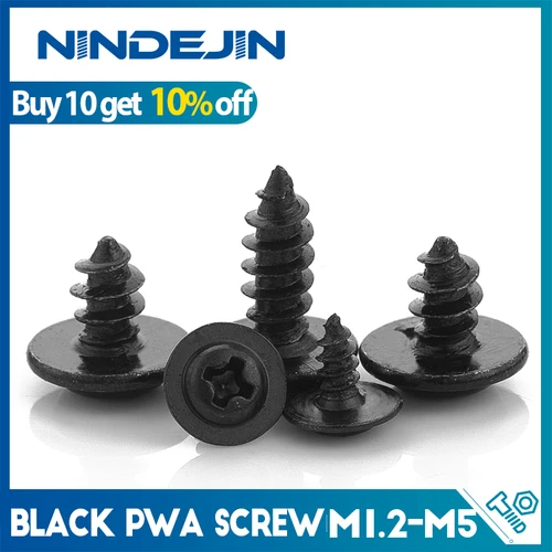 NINDEJIN Hardware tornillo negro PWA cabeza redonda cruzada con cojín tornillo autorroscante cabeza plana M1.4 M1.7 M2 M2.3 M2.6 M3 M3.5 M4