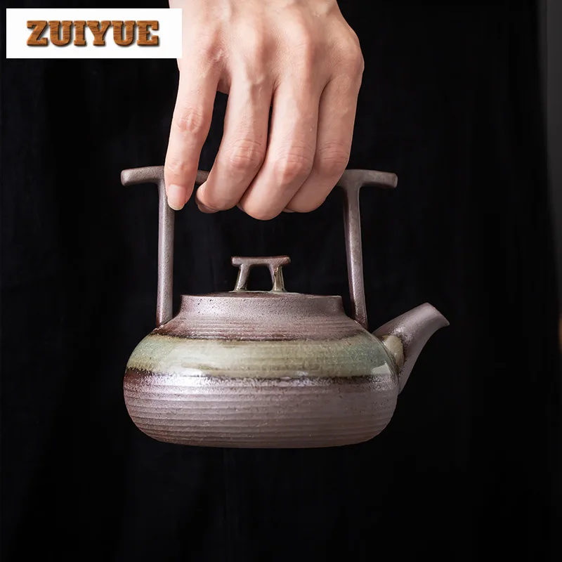 Retro Coarse Pottery Lifting Beam Teapot Handmade Kiyomizu Ware Ceramic Pot Household Tea Soaking Kettle for Kung Fu Tea Craft