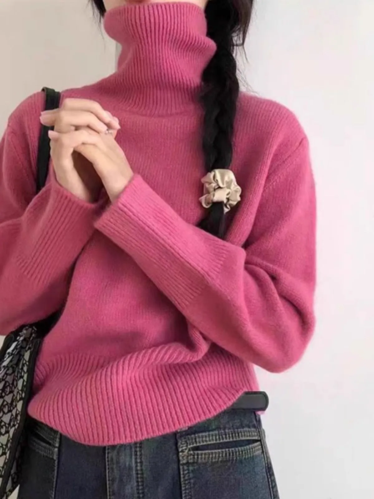 2024 autumn and winter new 100% pure cashmere sweater women\'s turtleneck sleeved thick pullover sweater wool knit base shirt