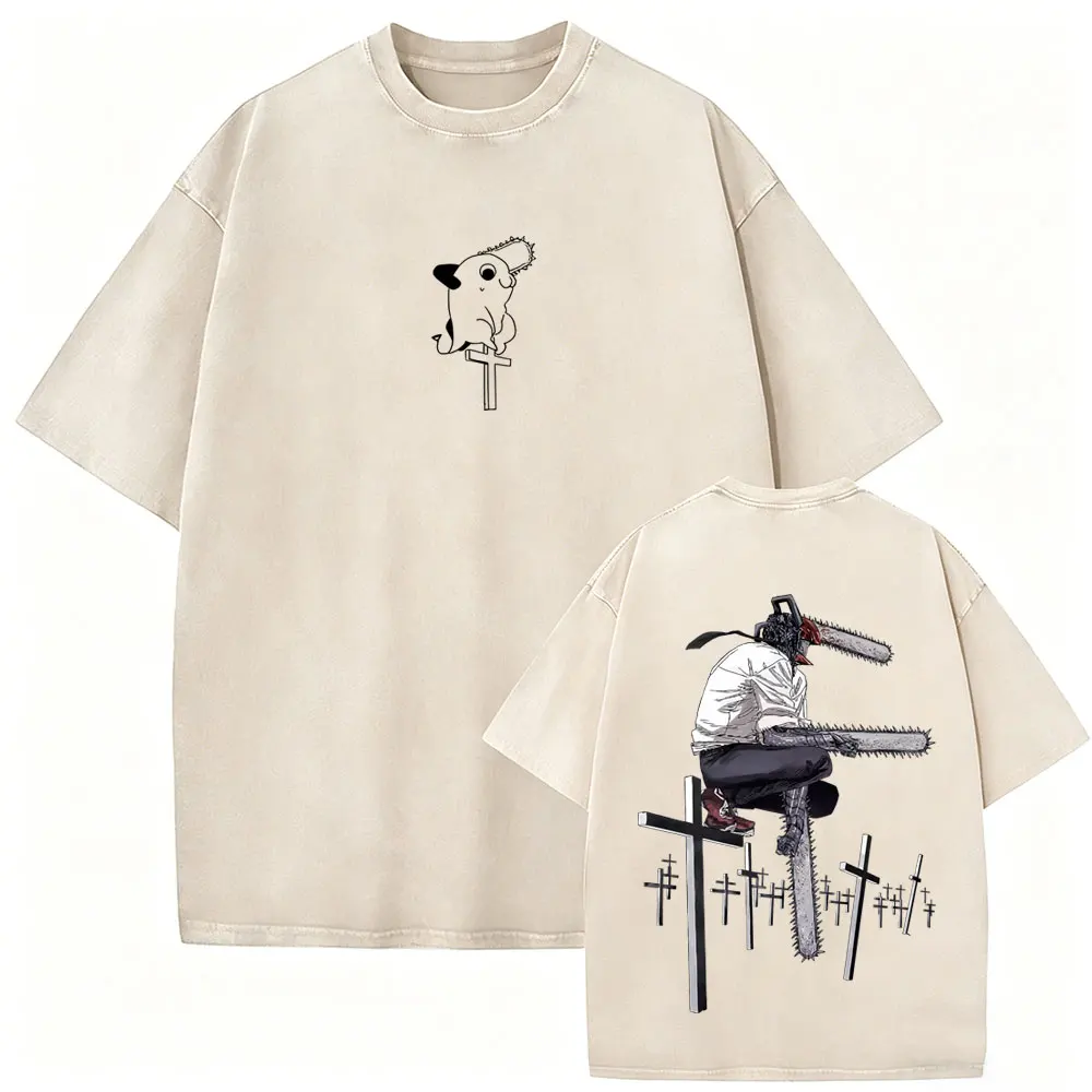 Anime Chainsaw Man Washed Retro T-shirt Funny Denji Pochita Eat Ramen Graphic T Shirt Men Women Manga Vintage Oversized T-shirts