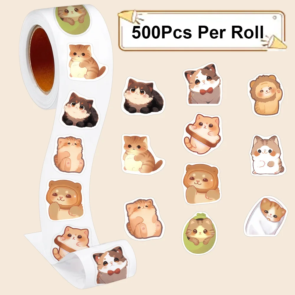 500Pcs/roll Cartoon Big Eyed Cat Roll Stickers DlY Guitar Phone Decoration Label Stationery Sealing LabelAnimal Decal Kid Toys