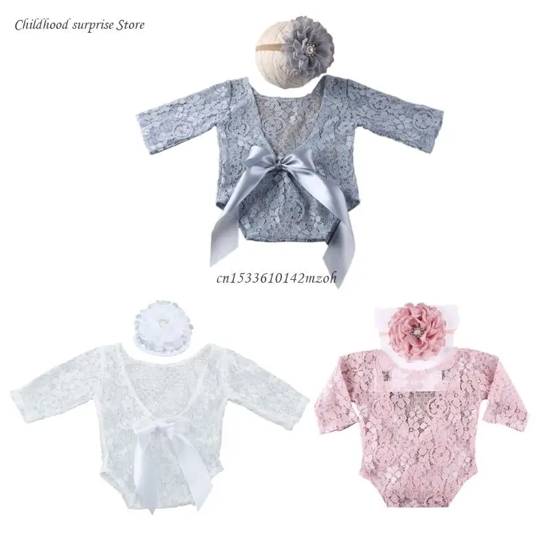 Baby Lace Jumpsuit Bodysuit Floral Hairband for Head Wrap Turban Headwear Costum Dropship