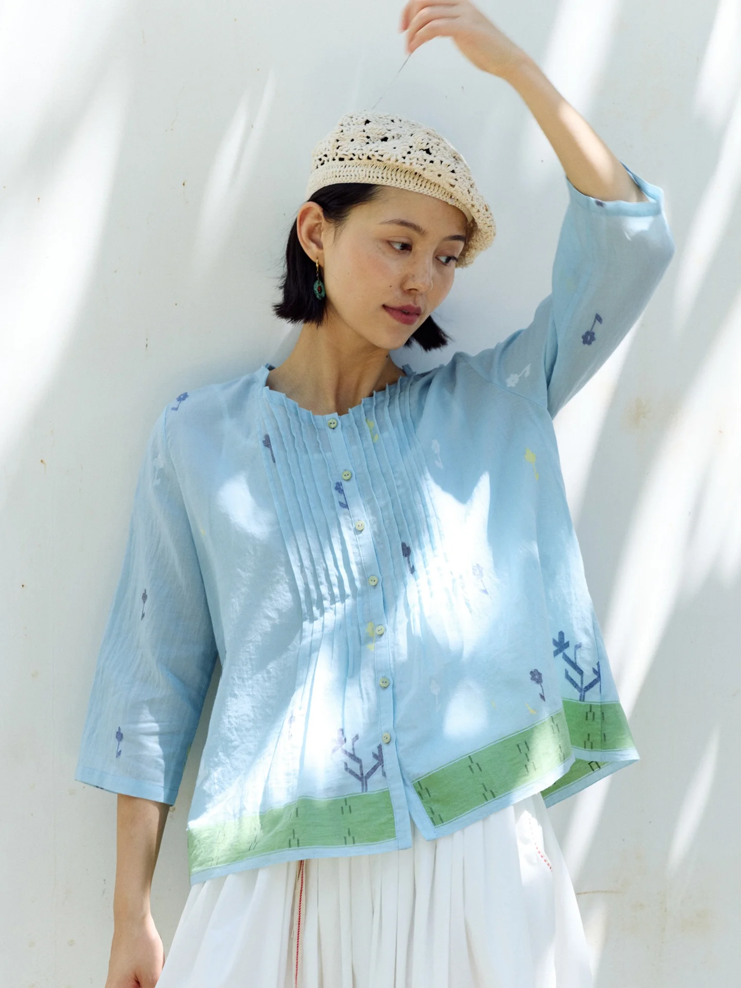 

ZBWY Handwoven Jani Embroidery V-Ne Pleated een Mint Blue een Top Women's Casual Breathable Thin Cotton irt