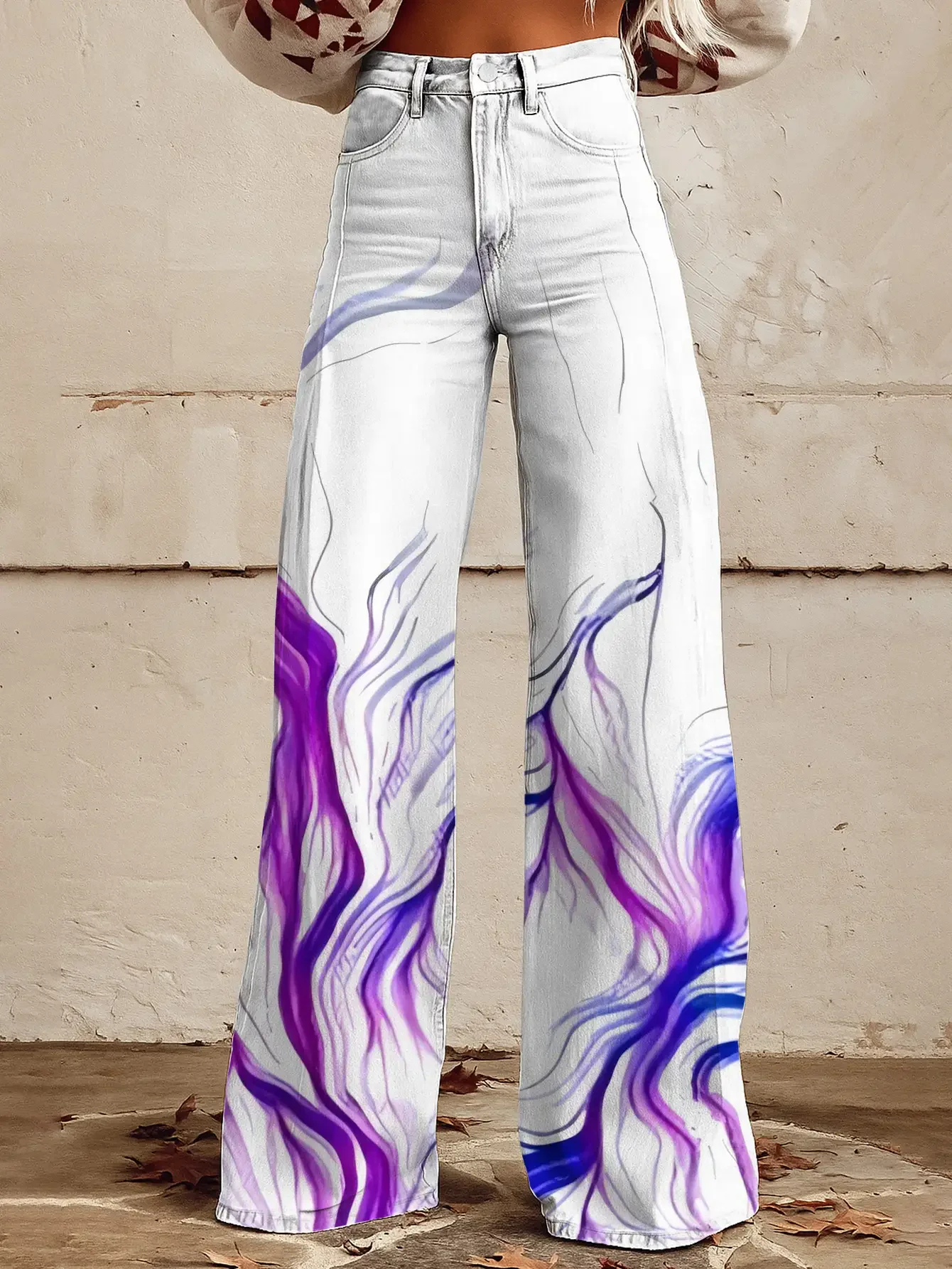 

Casual jeans with colorful western prints, loose wide leg design, Smoke filled atmosphere pants