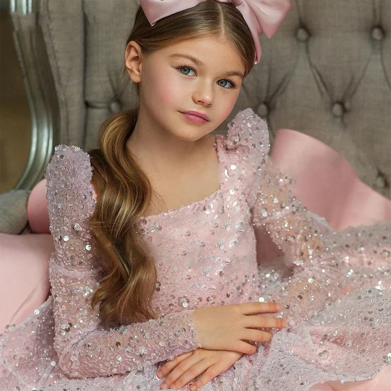 Girls Sequins Dress Princess Birthday Party Wedding Tutu Bow Long Sleeve Puffy Tulle Gown for Kids Costume Baby Baptism