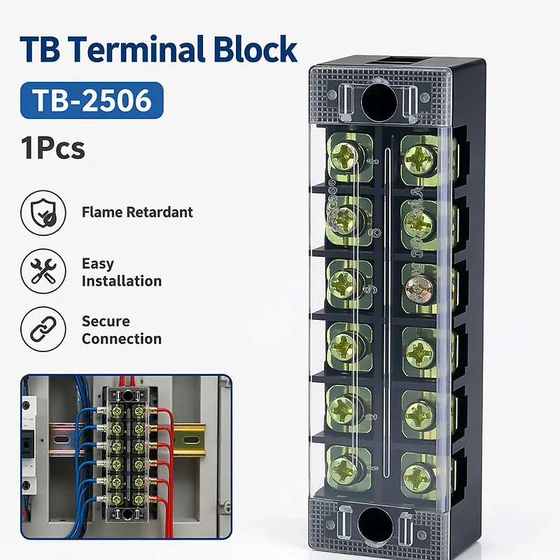 1PCS Flame Retardant TB2506 Terminal Block Strip 25A 600V - Durable Thick Copper Screw Wire Connector for Electrical Panel