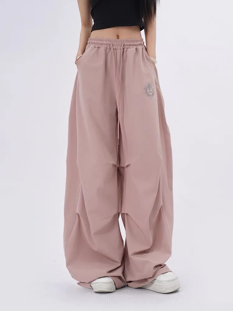HOUZHOU Y2k Graphic Women Parachute Pants Pink Harajuku Hip Hop Style Oversized Trousers Pleated Wide Leg Pants Black Streetwear