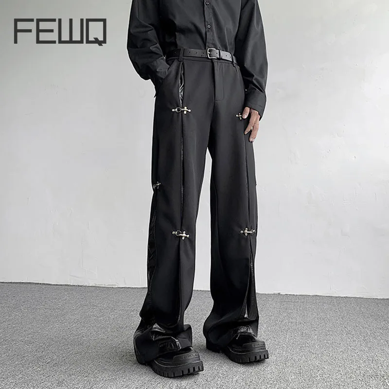 

FEWQ Men's Pants Autumn Winter Metal Buckle Design PU Leather Splicing 2023 New Fashion Solid Color Darkwear Trousers 24X1740