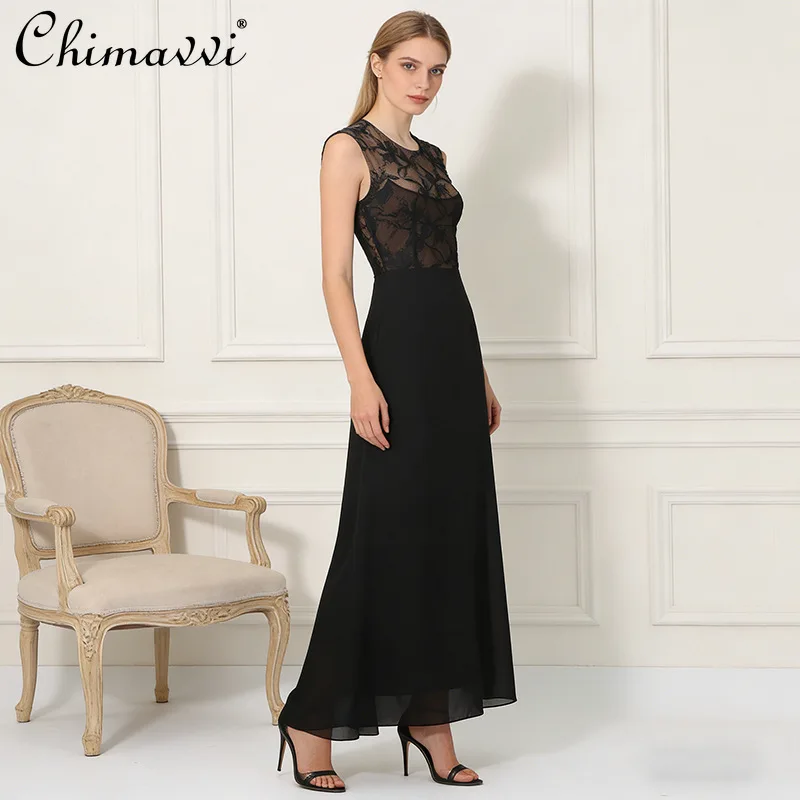

French Elegant Temperament Crew Neck Sleeveless Lace Spliced Embroidery High Waist A-line Long Evening Dress Women's Summer 2026