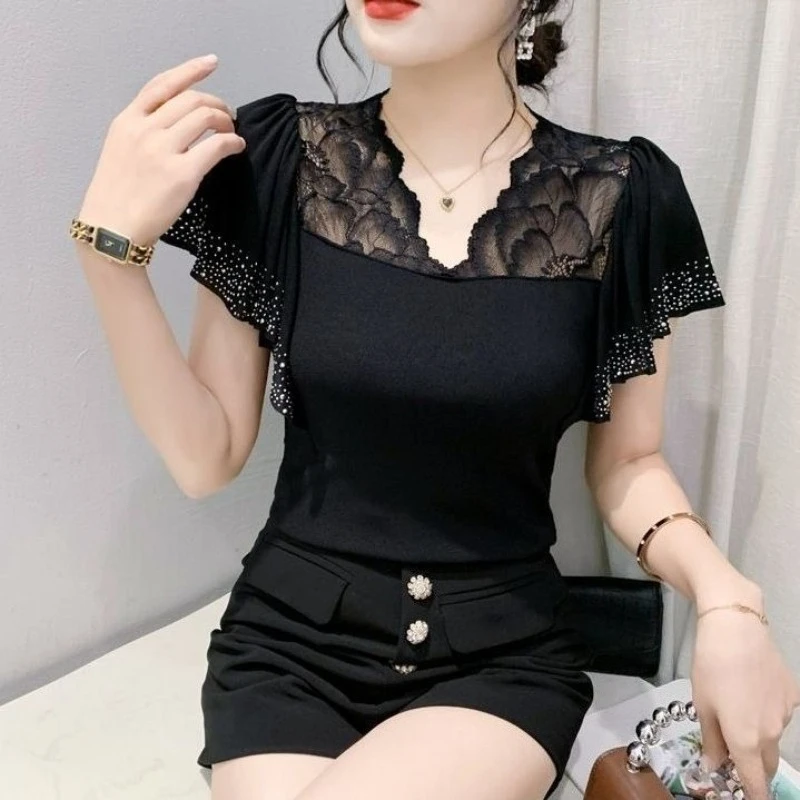 Women's Summer New Arrival Lace Spliced Short Sleeve Base Shirt Thin Lightweight Slimming Figure Flattering Top