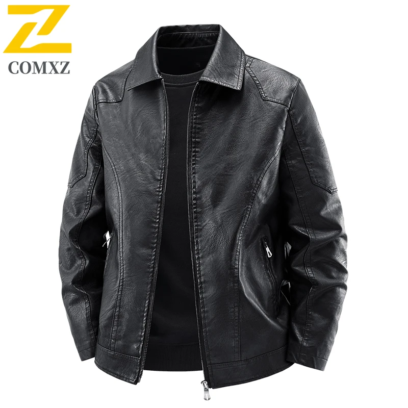 COMXZ Plus Size Mens Leather Jacket Classics Turndown Collar Adventure Windproof Leather Coat Fashion Leisure Work Autumn Wear​