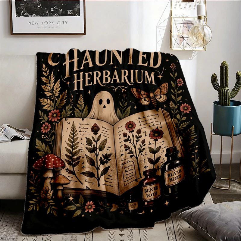 Haunted Herbarium Flannel Throw, Halloween Cozy Blanket, Botanical Ghost Warm Blanket, Dark Cottagecore Spooky Fall Soft