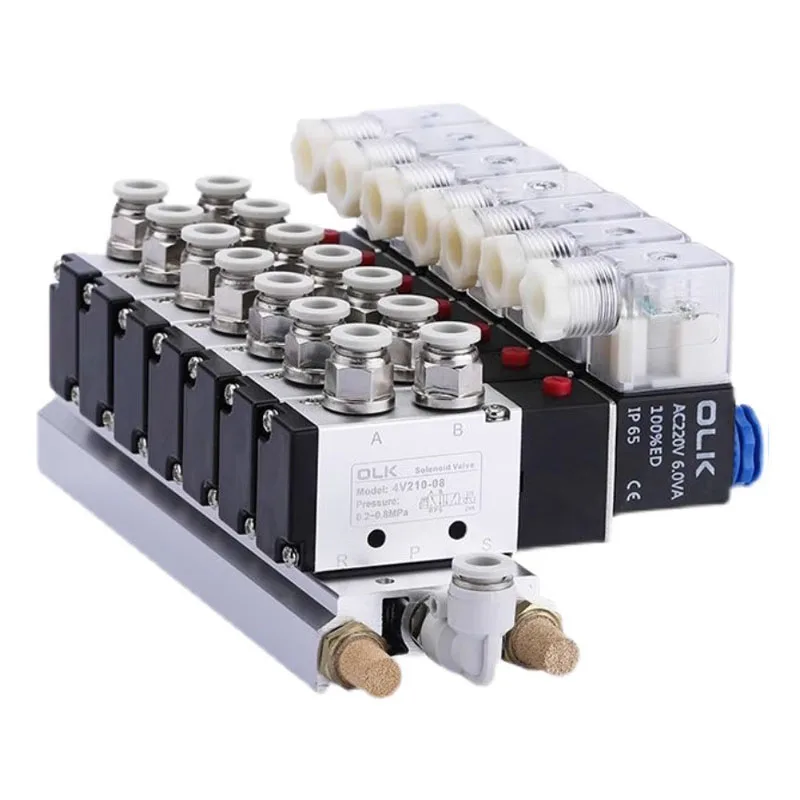 

4V210-08 Pneumatic Solenoid Valve Block12/24V DC 110/220V AC Multi Option with Muffler Fitting Base Manifold 2/3/4/5/6/8/10 Way