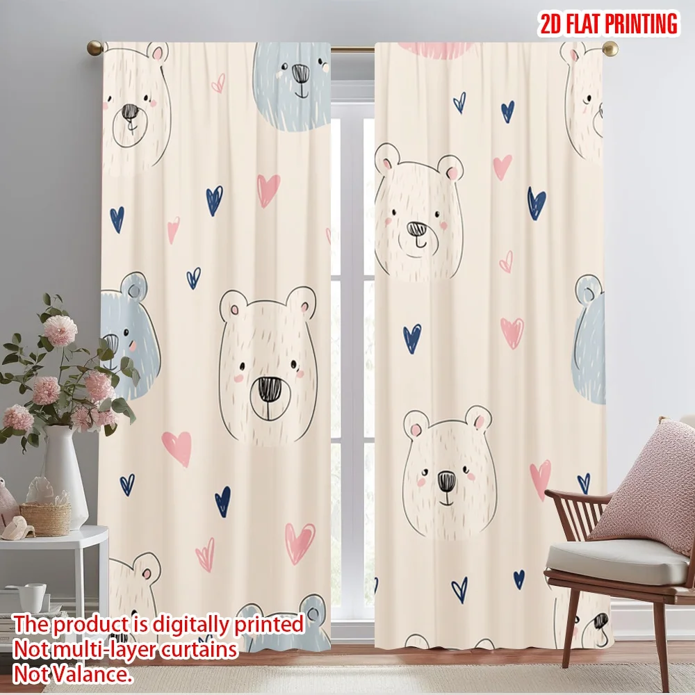 2pcs,2D plane printing Popular Curtain Panels Smiling Bears and Hearts Polyester (without rod) Art Deco Festive Perfect for