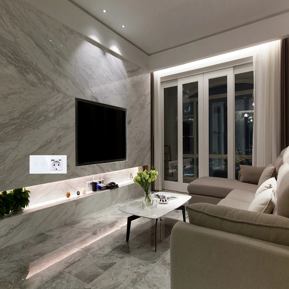 Touchimi Wifi Light Switch Plus EU Wall USB Socket Type-c Smart Touch Switches 1/2/3Gang Smart Life Google Alexa App Control