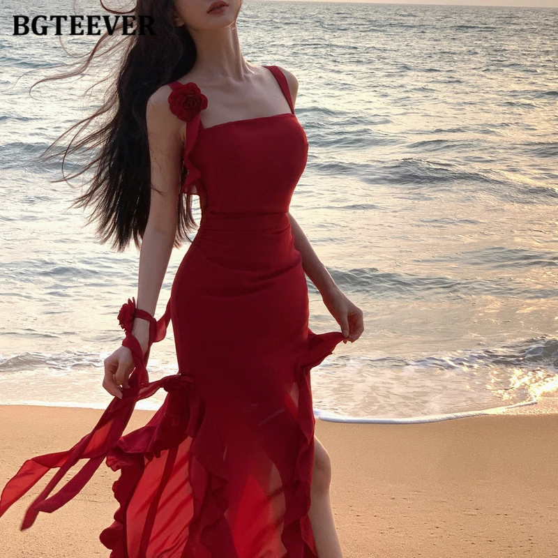 BGTEEVER Vintage Spaghetti Strap Ladies Split Floor-Length Ruffles Dress Summer Fashion Slim Women Sleeveless Package Hip Dress