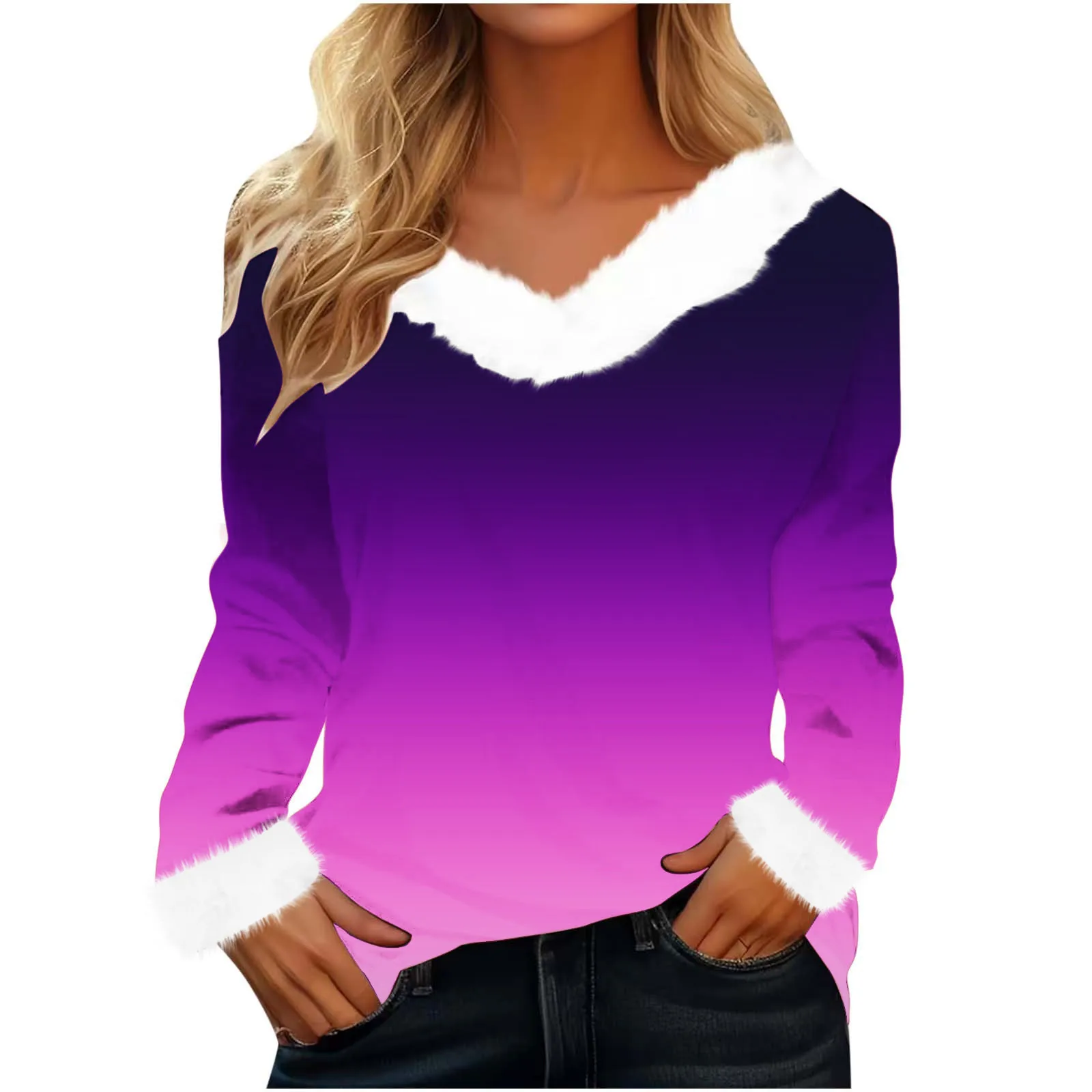 Women's Tshirt Autumn Winter New Fashion Gradient Element Printed Long Sleeved V-neck Hairy Womens T-shirt Camisetas