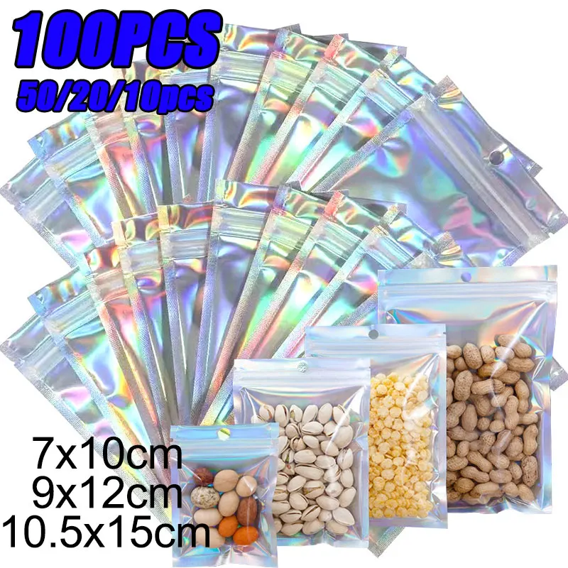 

100-piece Holographic Bag, Multi-size Laser Rainbow Pattern Self-sealing Bag, Suitable for Candy Bag and Front Window Samples