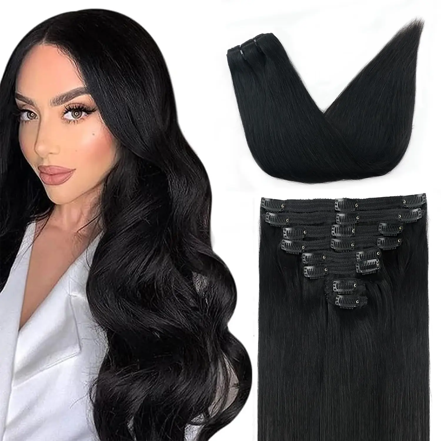 Straight Clip In Hair Extensions Real Human Hair 8Pcs Clip In Jet Black Human Hair Extensions with 18Clips Lace Weft 120g 26inch