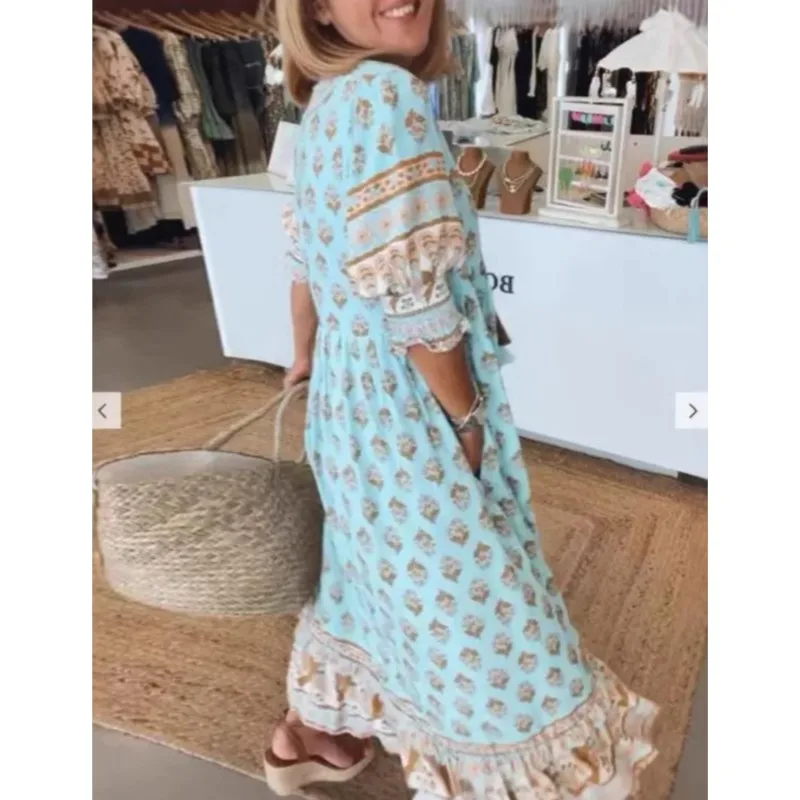 Women's Boho Printed Chic V-neck Long Dresses 2025 Summer Spring Pocket Party Dress Fall Half Lantern Sleeve Ruffles Vestidos