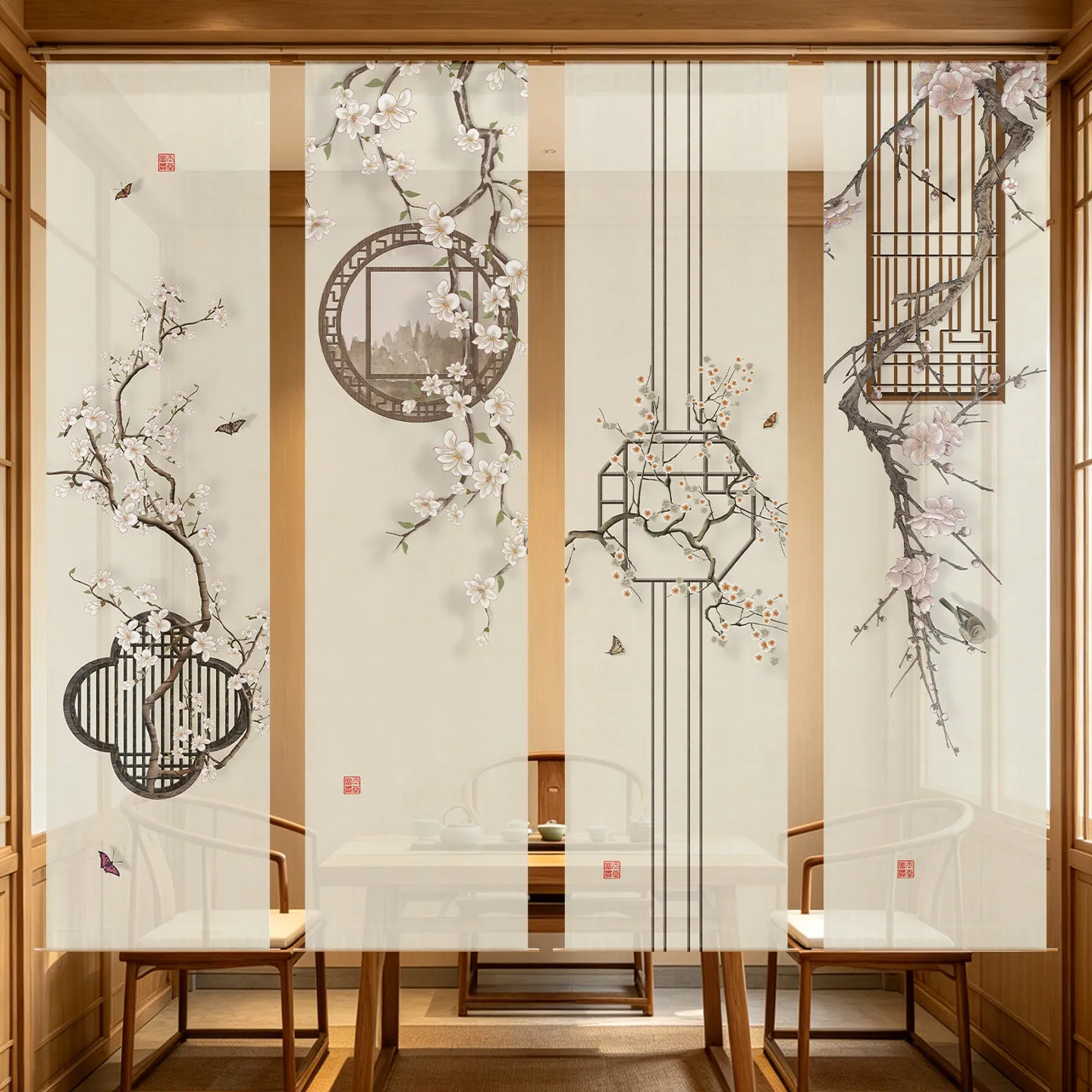 Japanese Noren Room Divider Semi Transparent Gauze Curtain, Bird & Plum Blossom Sheer Drape for Tatami, Zen Home & Cafe Decor