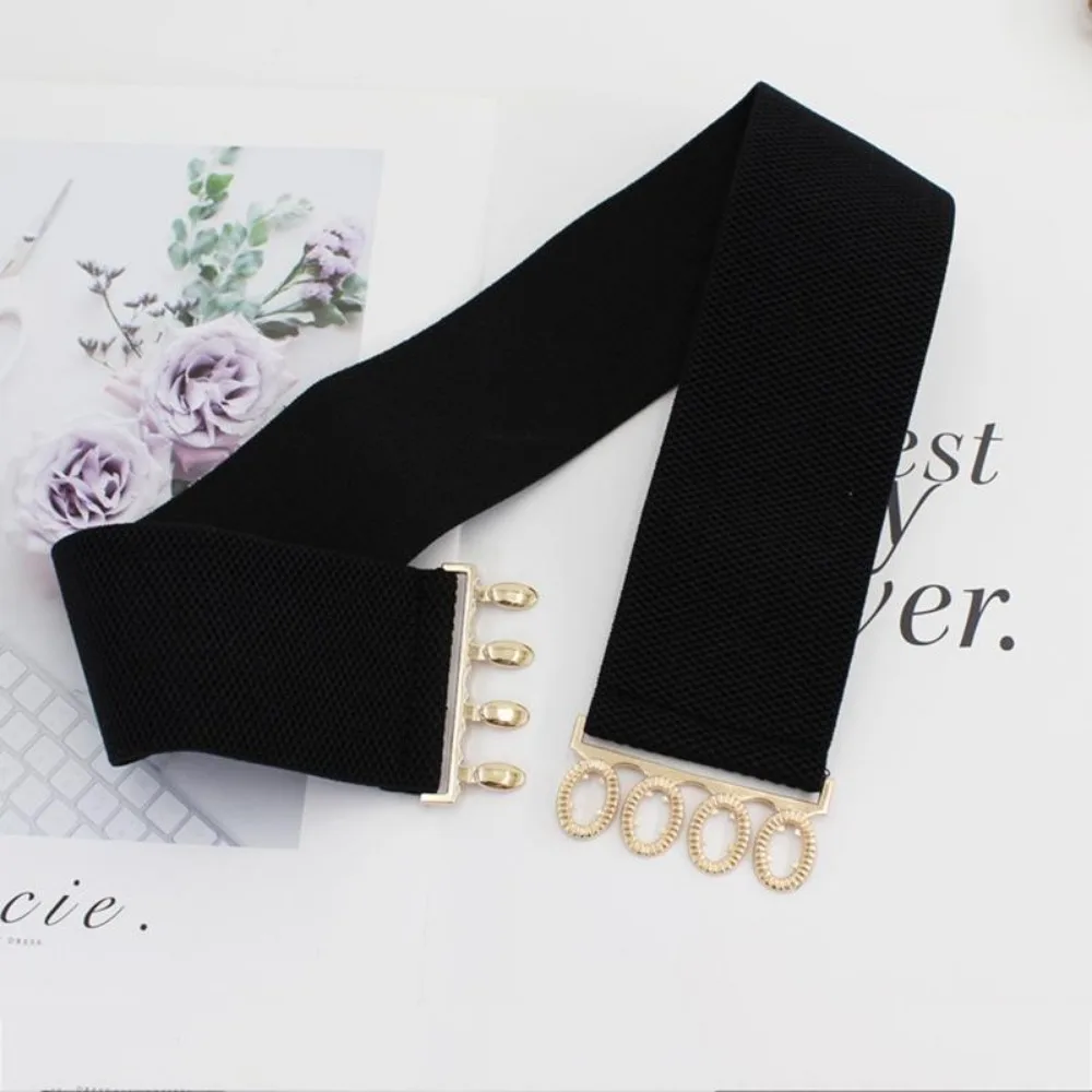 Cinturilla lateral ancha elástica a la moda para mujer, cubierta de cintura con hebilla dorada, correas de cinturón combinadas con abrigo de vestir