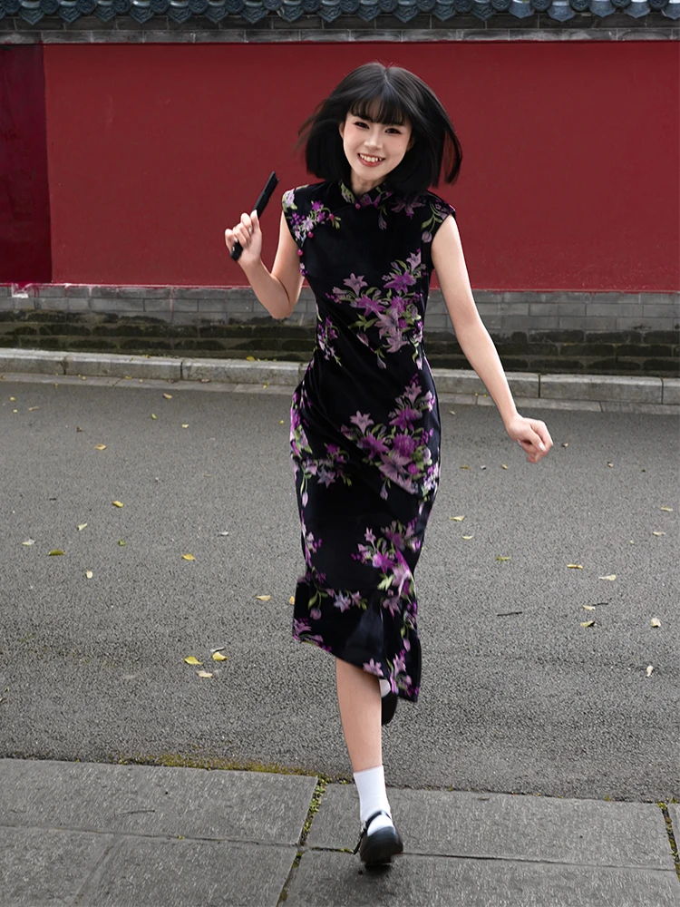 

Женская повседневная одежда в стиле ретро Republic of Chi: фиолетовый принт, осенне-зимняя коллекция, новая версия, бархат, эффект похудения, молодежный модный стиль.