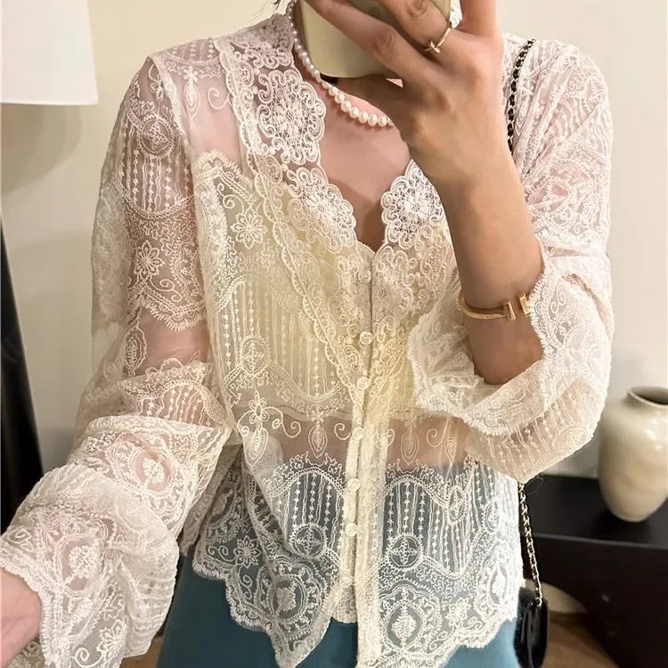 Summer Thin Sheer Beige Lace Scallop Top Women Slim Fitted Sexy Transparent Shirt Blouse See-through Fashion Cover Ups Cardigan