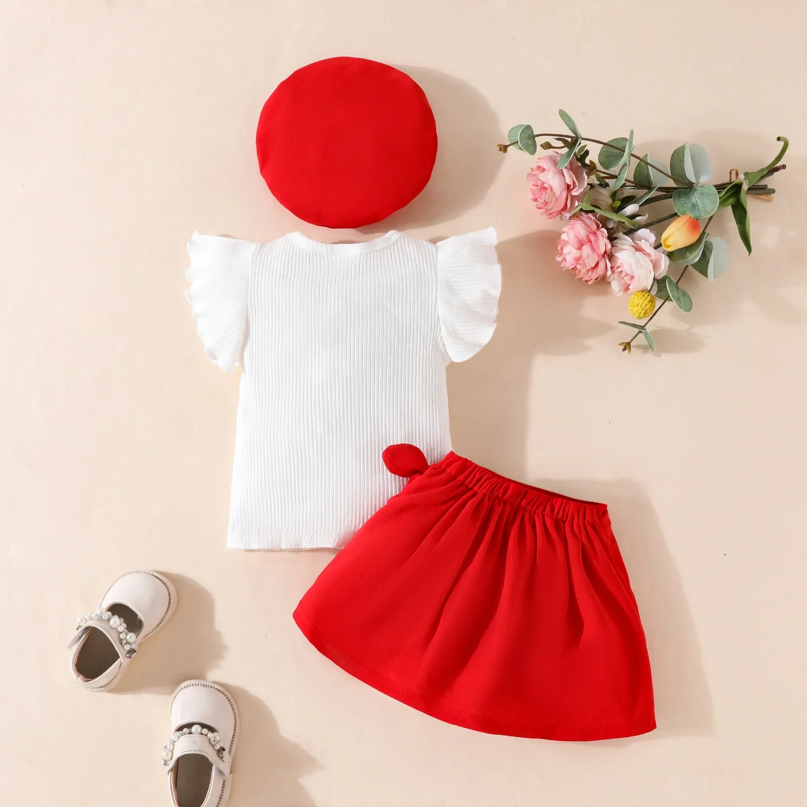 2025 Summer Baby Girls Clothes Set 0-3 Y Big Bow Flying Sleeve Top Skirt Beret  3Pcs Children\'s Outfit Toddler Short Sleeve Suit