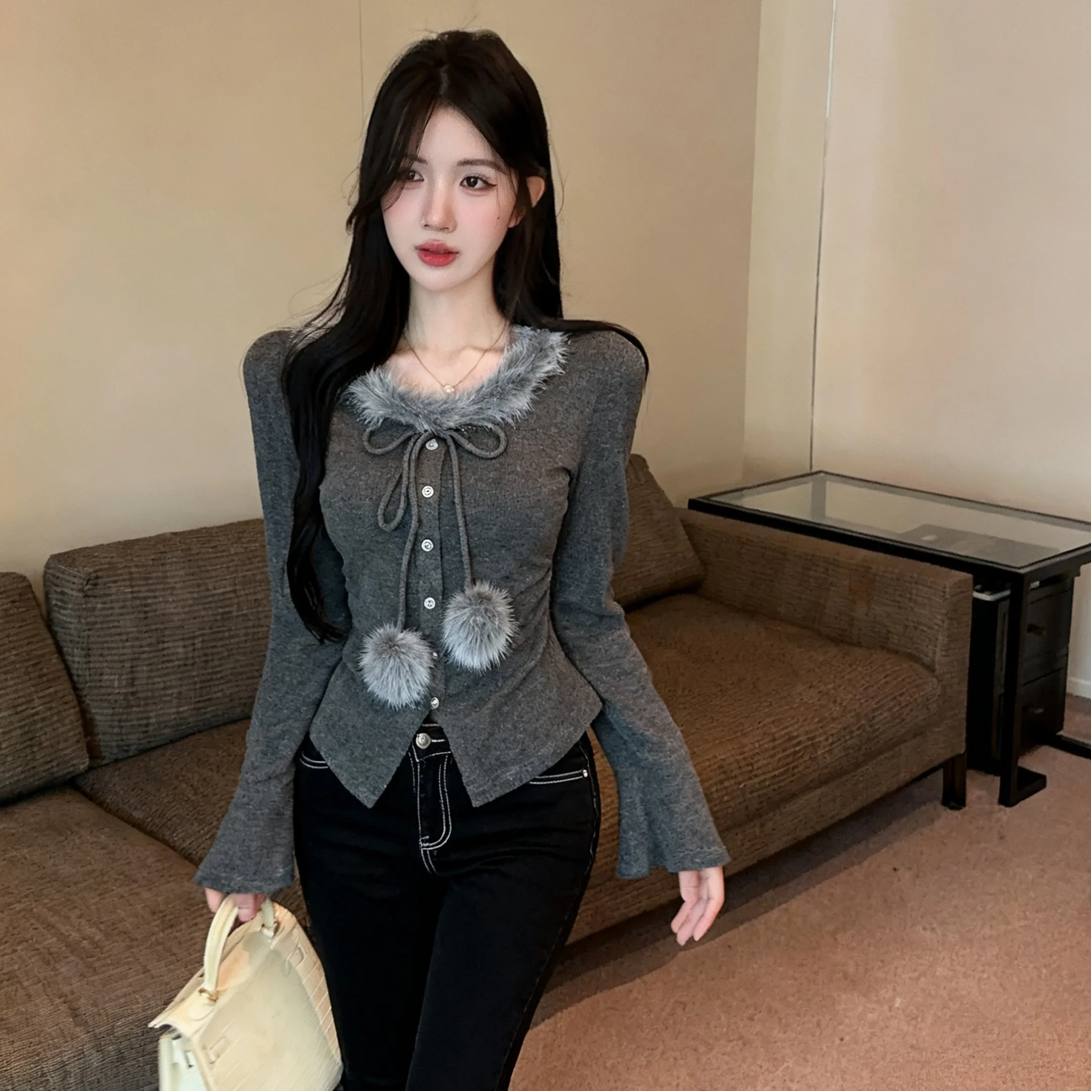 

Faionable Fur Collar Rope Decorated Ball Base Top Outerwear Winter New Sle Ele Women's Trendy T-irt Daily Pure Color