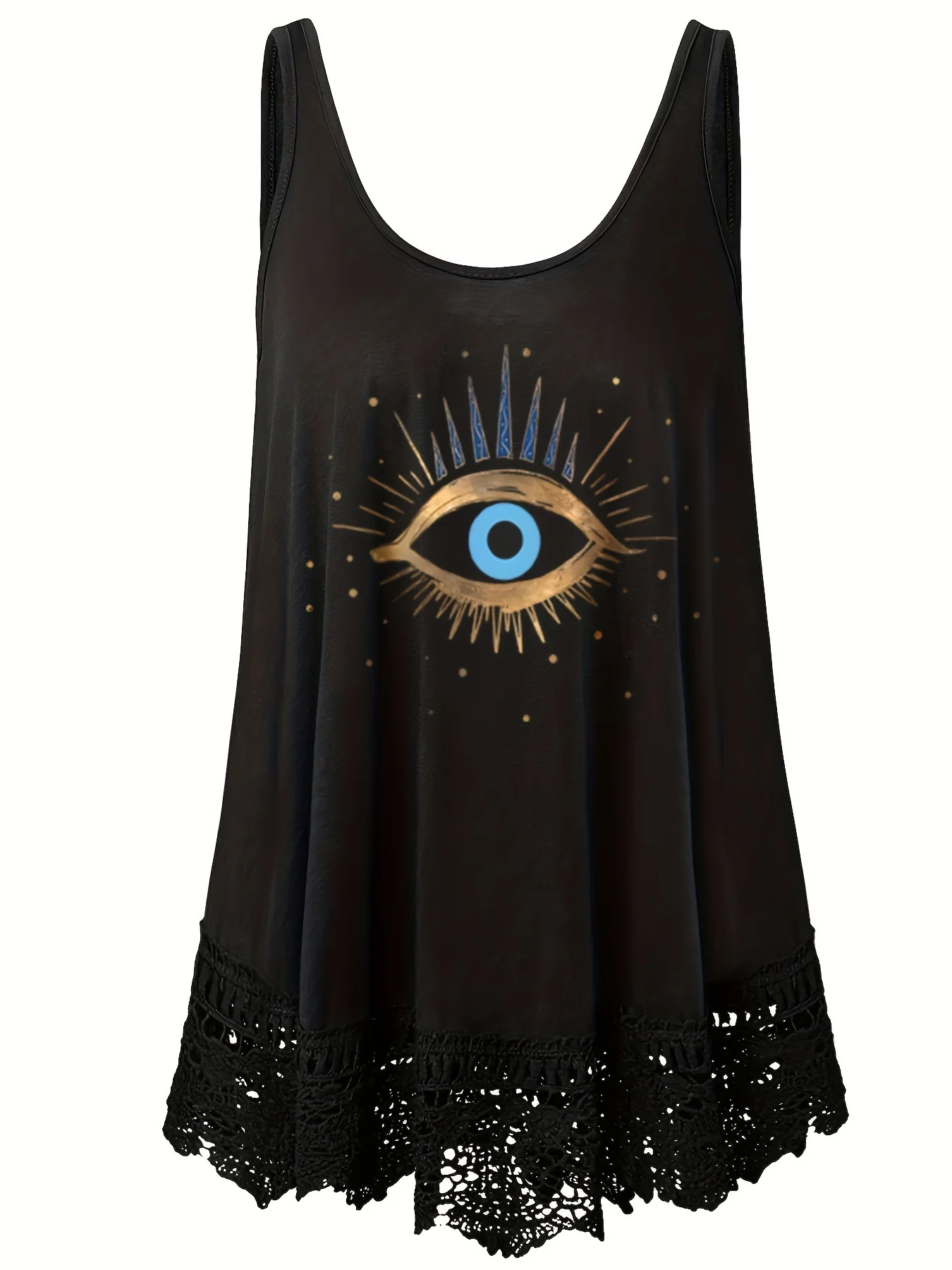 Plus-size Evil Eye printed tank top casual lace hem sleeveless crew neck tank top suitable for summer women\'s plus-size clothing