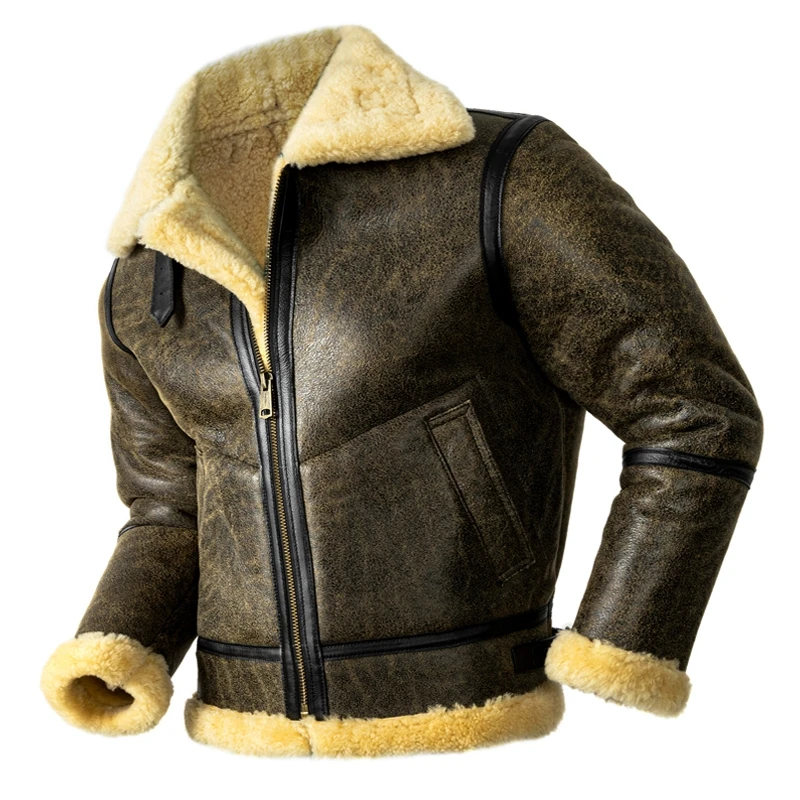 Vintage Brown Winter Men\'s Shearling Jacket Plus Size 6XL Military Style Natural Thick Sheepskin B3 Bomber Genuine Leather Coats