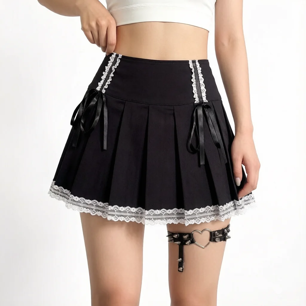 Gothic Black Mini Pleated Skirt Women Mall Punk Cute Lace Patchwork Bows Skater Harajuku Cyber Y2k Clothes Egirl Emo Alt Skirts