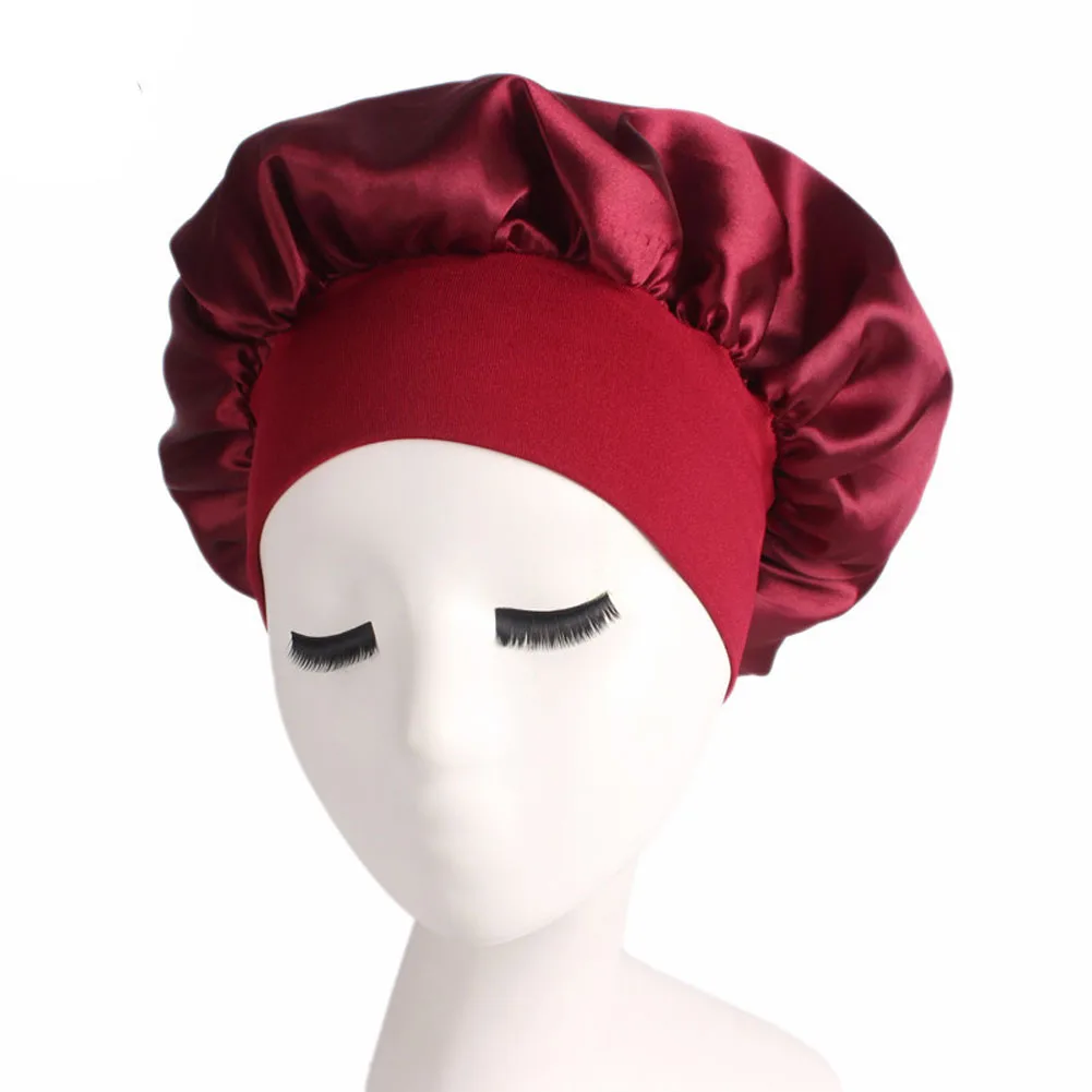 Women Sleeping Caps Satin Solid Color Stretch Bonnets Hair Hat for Daily Use and Beauty