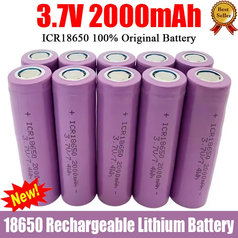 New Original 100% ICR18650 Rechargeable Lithium Battery 3.7V 2000mAh 5C Power Battery Suitable for Flashlights Small Fans Toys