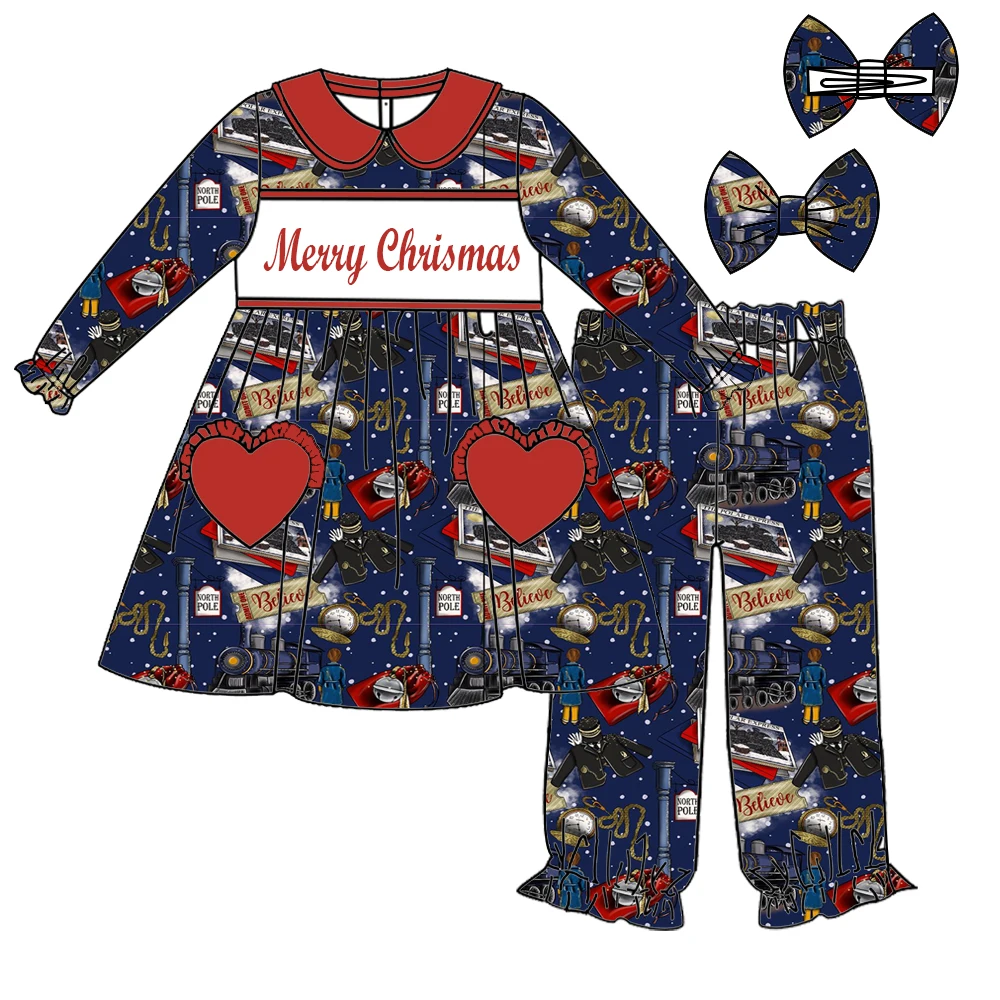 New Christmas Boutique Children's Suit Long Sleeve Elastic Train Printed Trousers Elastic Girls Boy Pajama Set Pajama Set