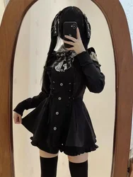 Japanese Sweet Girl Lace Patchwork Slim Waist Dress + High Waist Ruffle Edge Skirt Sutumn New Women Y2k Suits Two Peice Sets