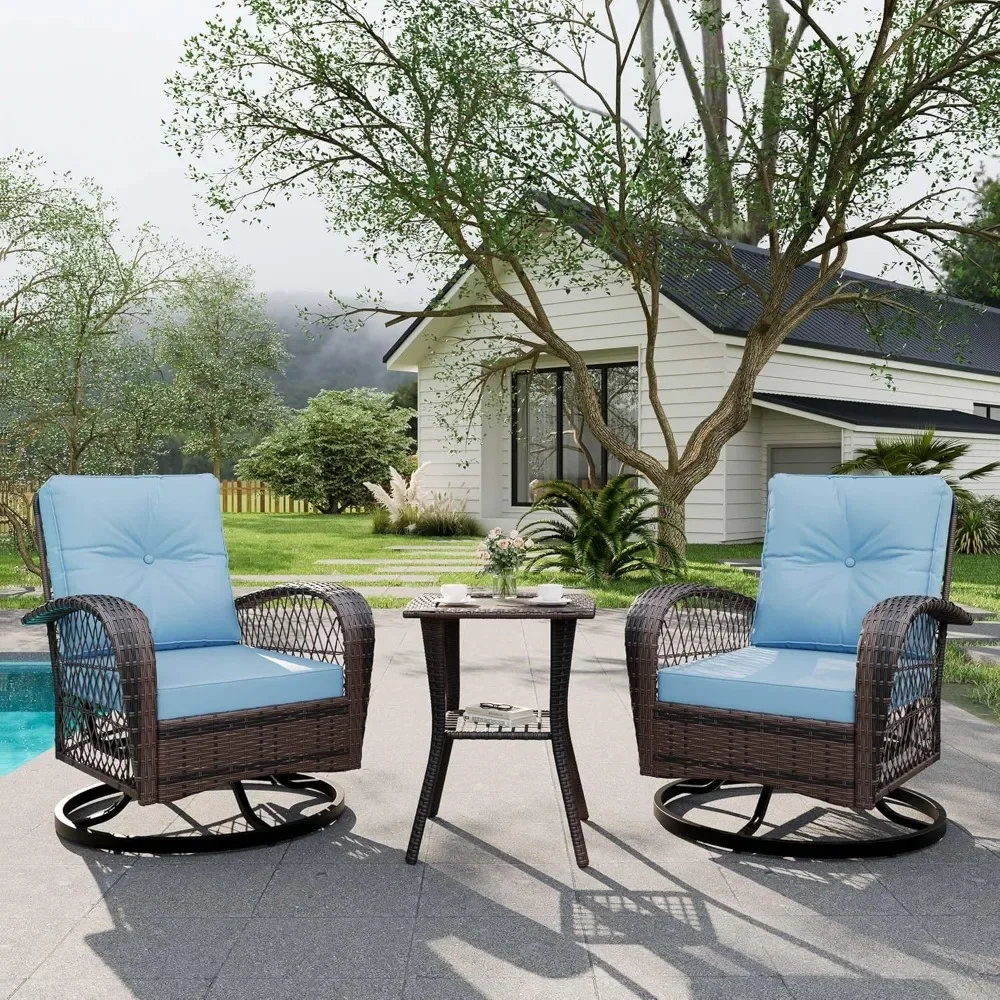 3 Piece Outdoor Swivel Chairs, Wicker Patio Bistro Set with Thickened Cushions and Side Table