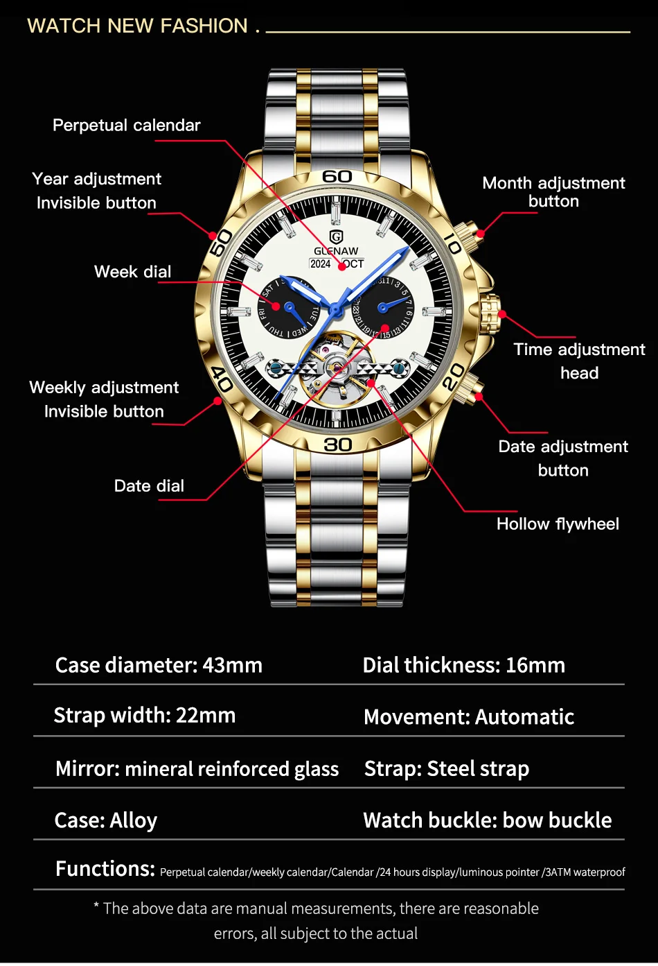2024 GLENAW New Fashion Luxury Men\'s Mechanical Watch Design Luminous Stainless Steel Multifunctional Waterproof Men\'s Watch