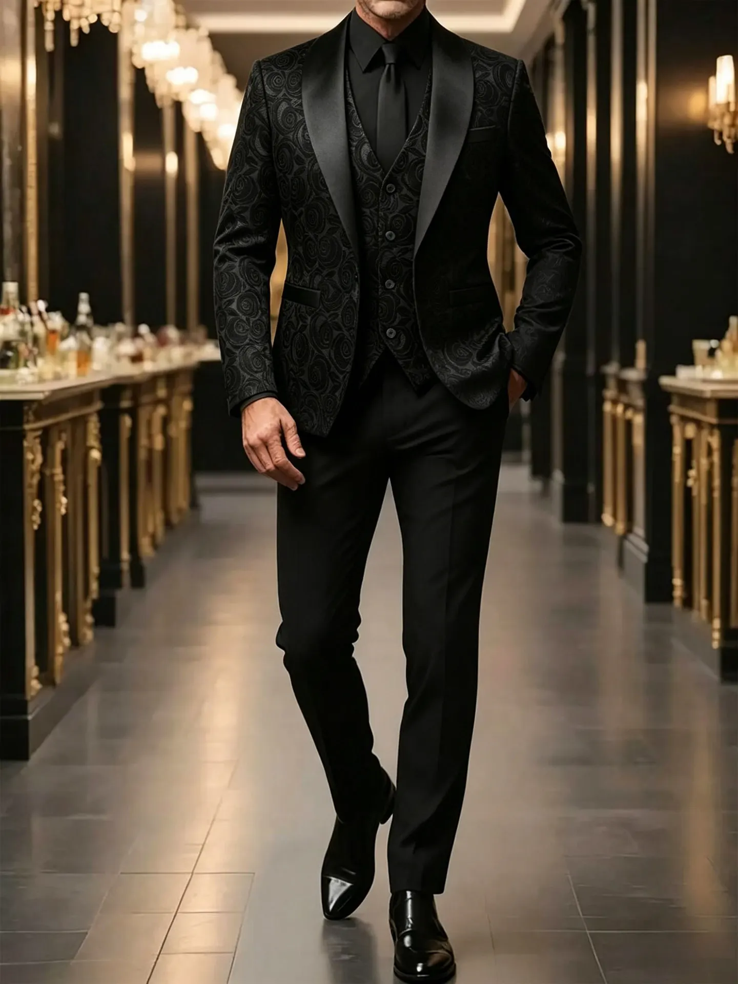 Luxury 3 Piece Jacquard Suit Set Men Wedding Groomsman Tuxedo Blazer Vest Trousers Piano Performance Banquet Elegant Outfit