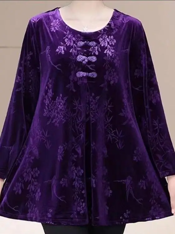 

plus Size Velvet Embroidered Base Shirt Long Sleeve Loose Women's T-shirt for Middle-Aged And Elderly Comfortable Casual Top