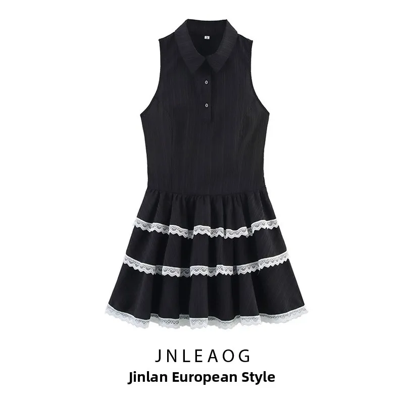 Vestido F Casual de Primavera Novo Estilo JNLEAOG Sem Mangas com Babados e Estampa Floral em Camadas com Gola Alta