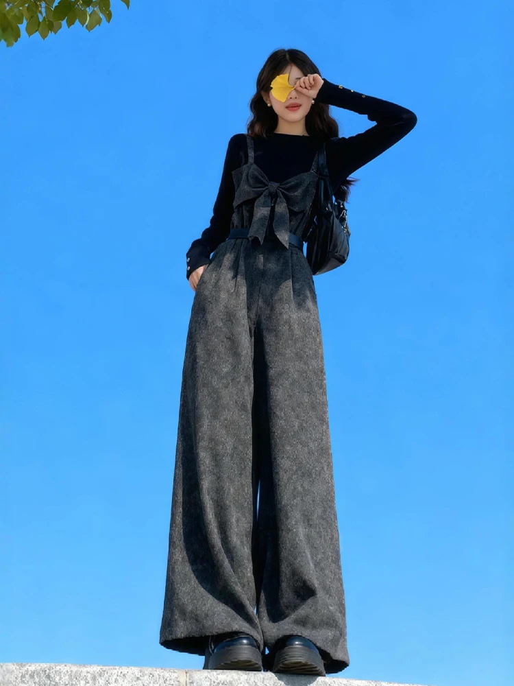 

Winter New Arrival plus Size Women's Black Top Grey Pants Set Lazy Style Korean Fashion High Waist Breathable Casual Outfit