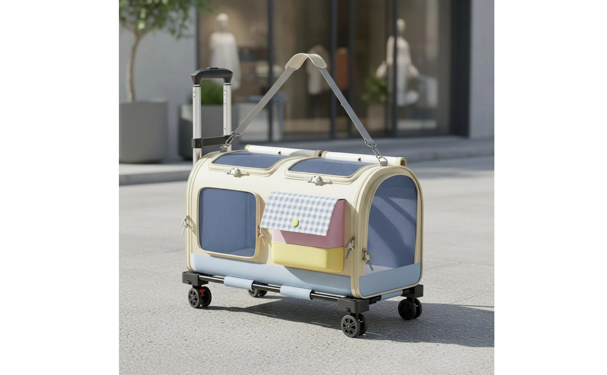 Feline Rolling Suitcase Telescopic Handle Pet Rolling Suitcase Multi-Feline Carrier Breathable Mesh Pet Carrier with Wheels