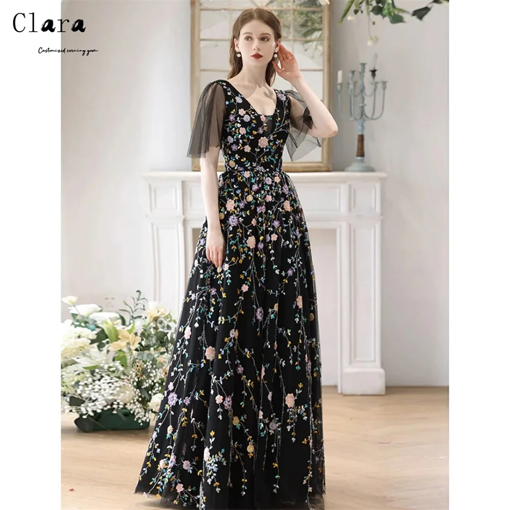 

Clara Custom Flower A-line V-neck Half Sleeves Elegant Evening Dresses for Woman Luxury Elegant Party Dresses 2025 Prom Dress