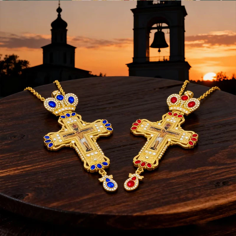 

New Gemstone-Embellished Orthodox Pectoral Cross, Gold-Plated with Crystal, Crucifix Icon Necklace for Priest Liturgy & Devotion