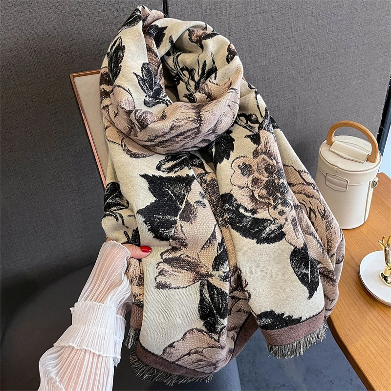 

Rose Pattern Luxury Scarf Women Winter Warm Shawls Cashmere Designer Thick Neck Scarves Hijab Wraps Tassls Pashmina Blanket